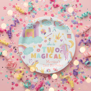 Two magical rainbow pastel unicorn second birthday paper plates