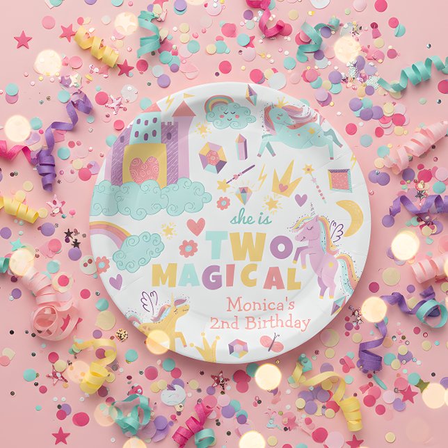 Two magical rainbow pastel unicorn second birthday paper plates (Creator Uploaded)