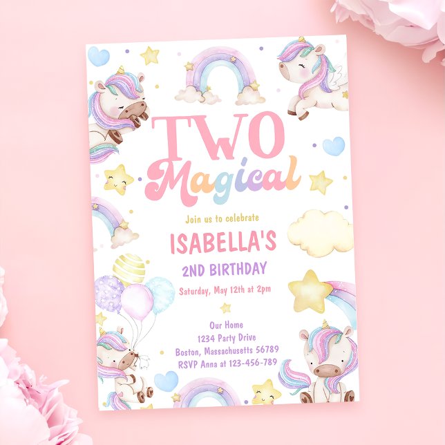 Two Magical Rainbow Unicorn 2nd Birthday Party Invitation (Creator Uploaded)