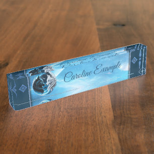 Two majestic wolf heads desk name plate