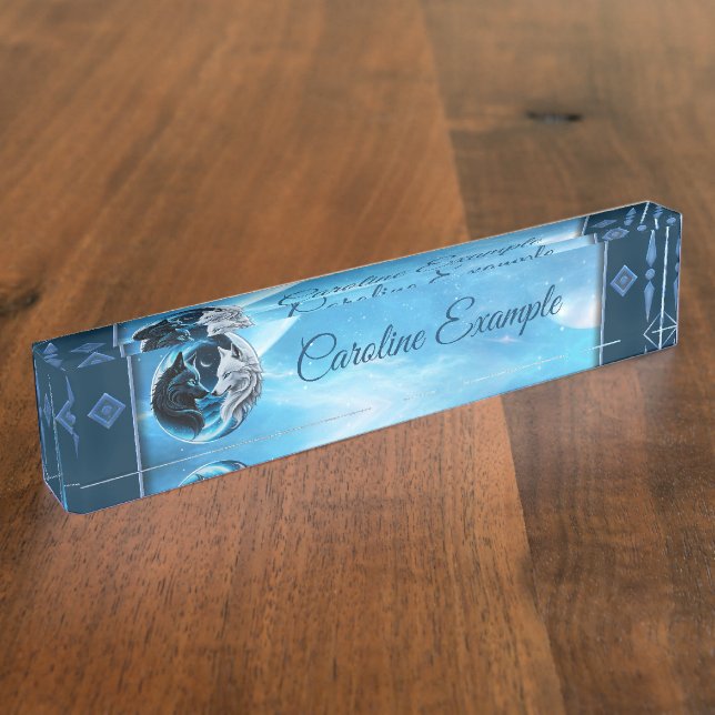 Two majestic wolf heads desk name plate (Side)