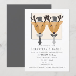 Two Male Deer In Ties And Top Hats Gay Wedding Invitation