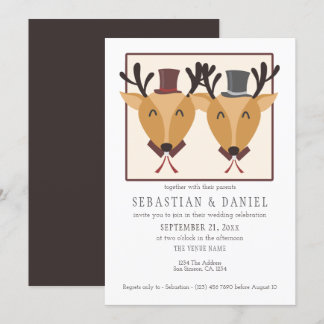 Two Male Deer In Top Hats Gay Wedding Invitation