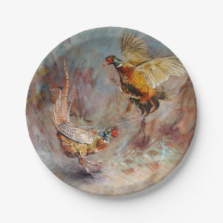 Two male ring-neck pheasants fighting. paper plates