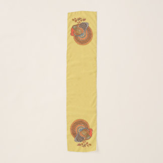 Two Male Turkeys Orange Brown Feathers on Yellow Scarf