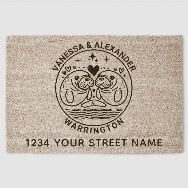 Two Manatees in Love Wedding Couple Names Address Fiber Doormat (Front)