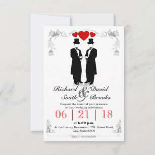 Two men in tuxedo with hats - Gay wedding Invitation