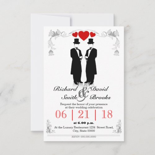 Two men in tuxedo with hats _ Gay wedding Invitation