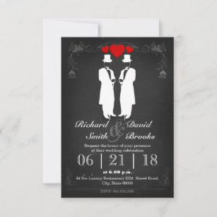 Two men in tuxedo with hats - Gay wedding Invitation