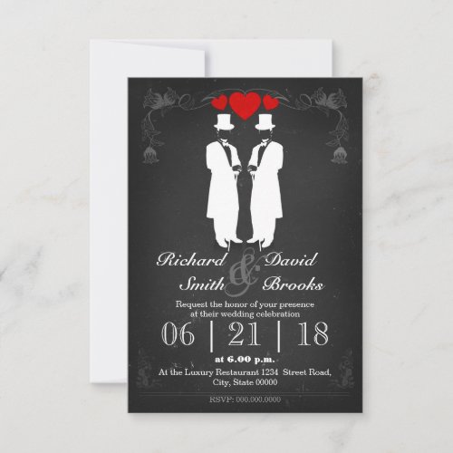 Two men in tuxedo with hats _ Gay wedding Invitation