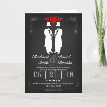 Two Men In Tuxedo With Hats - Gay Wedding Invitation by KeyholeDesign at Zazzle