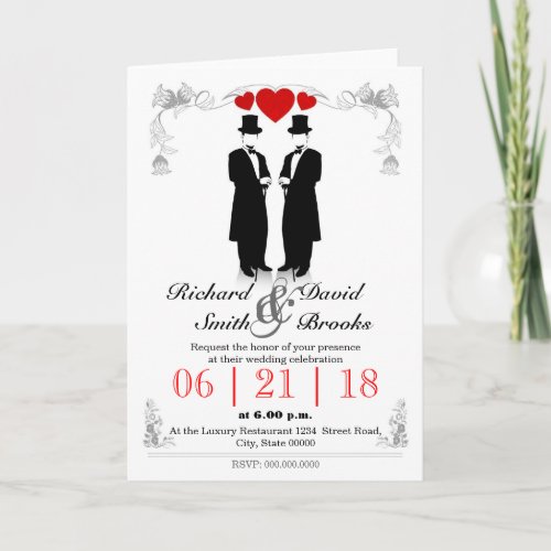 Two men in tuxedo with hats  Gay wedding Invitation