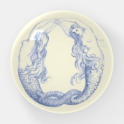 Two Mermaids Vintage Delft Blue Illustration Paperweight
