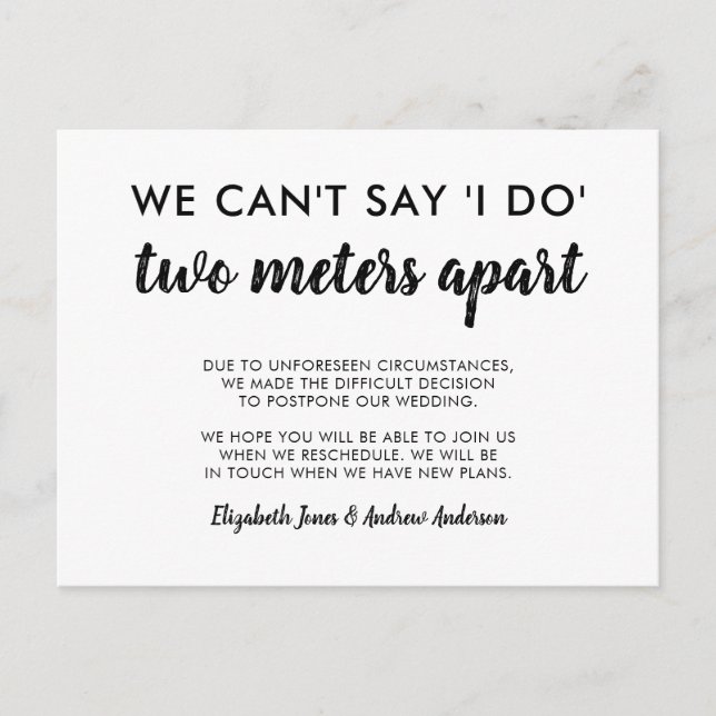 Two Meters Apart Postponed Change of Date Wedding Announcement Postcard (Front)