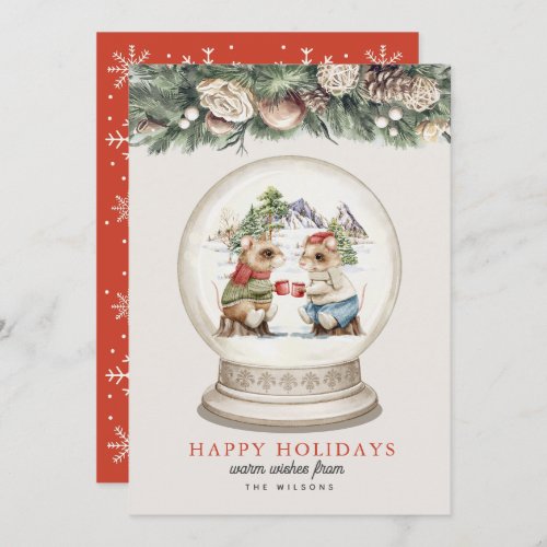 Two Mice Hot Choclate Mountains Snow Grobe Holiday Card