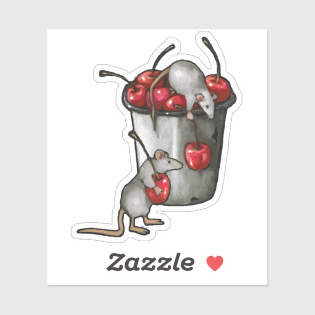 Two MICE Stealing Cherries, Bucket of Cherries Art Sticker (Sheet)