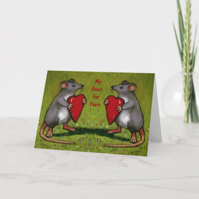 Two Mice Swapping Hearts: Valentine: Artwork Holiday Card (Front)