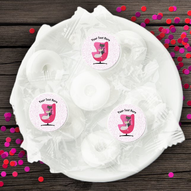 Two Mid Century Cats in Pink Chair on Dots Life Saver® Mints (Two atomic 1950's cat in pink chair on white with pink polka dotted labels for mint favors.)