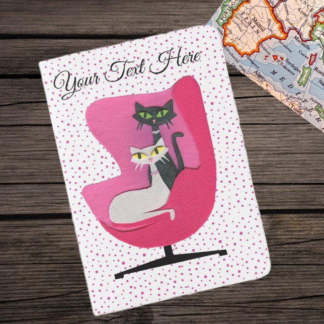 Two Mid Century Cats in Pink Chair Polka Dots Passport Holder (Two mid century cats in pink chair on white with pink polka dots passport holder.)