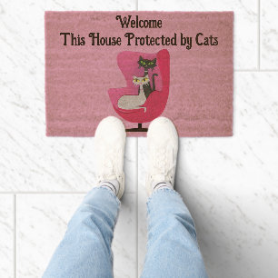 Two Mid Century Cats Sitting in Pink Chair Welcome Fiber Doormat