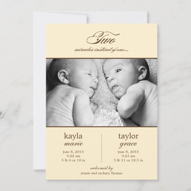 Two Miracles Twins Birth Announcement - Cream