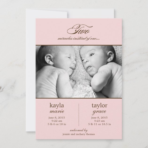 Two Miracles Twins Birth Announcement - Pink