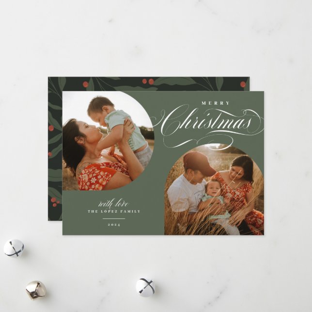 Two Modern Arched Photos Merry Christmas Script Holiday Card (Front/Back In Situ)