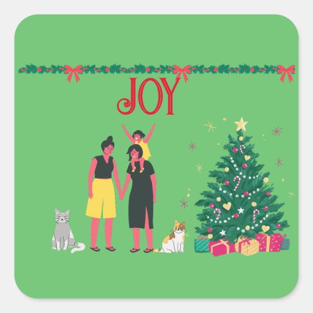  TWO MOMS AND DAUGHTER MERRY CHRISTMAS  SQUARE STICKER (Front)