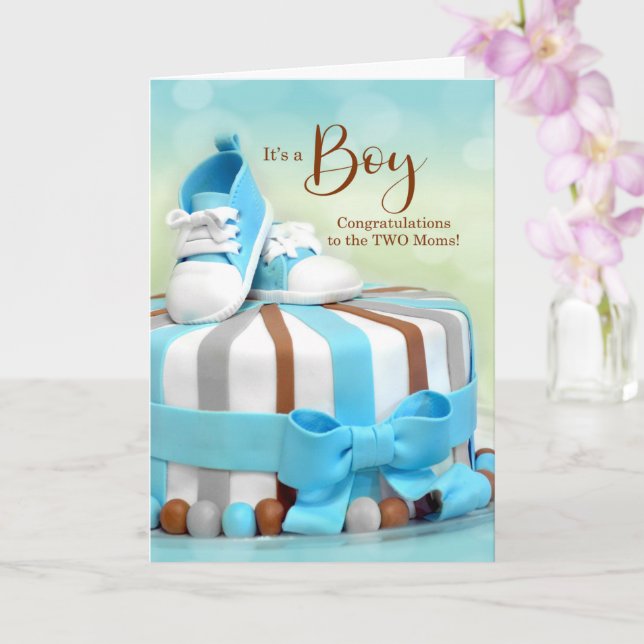 TWO Moms New Baby Boy Congratulations Card (Orchid)