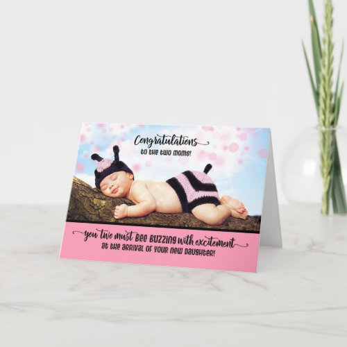 TWO Moms New Daughter Pink Baby Congratulations Card