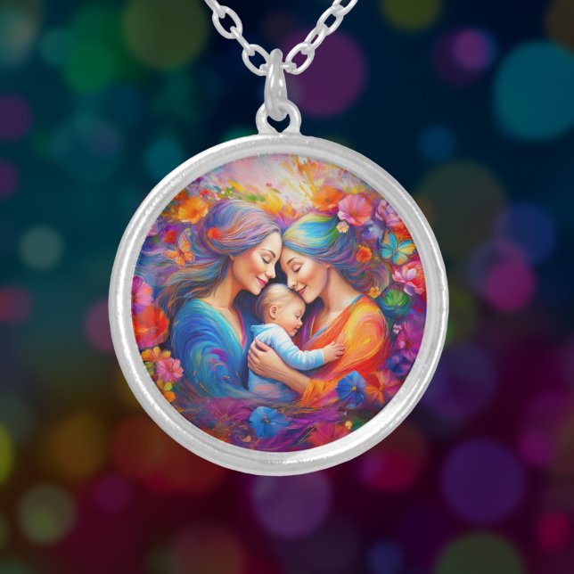 Two Moms with their Baby Silver Plated Necklace (Creator Uploaded)