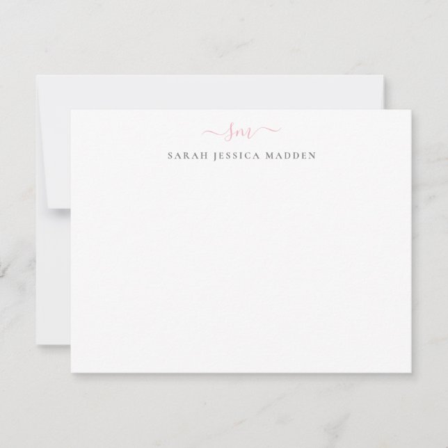 Two Monogram Girly Script Light Blush Pink Gray Note Card (Front)