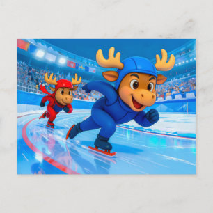 Two Moose Speed Skating on an Icy Track Postcard