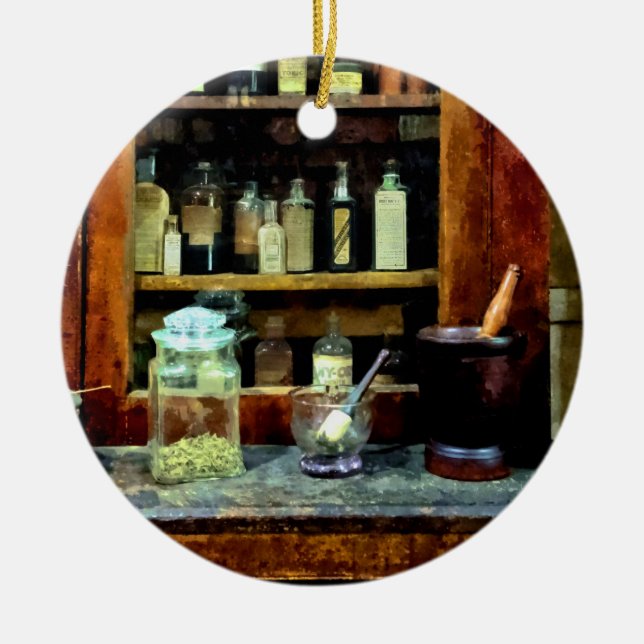 Two Mortar and Pestles and Glass Jar Ceramic Ornament (Front)