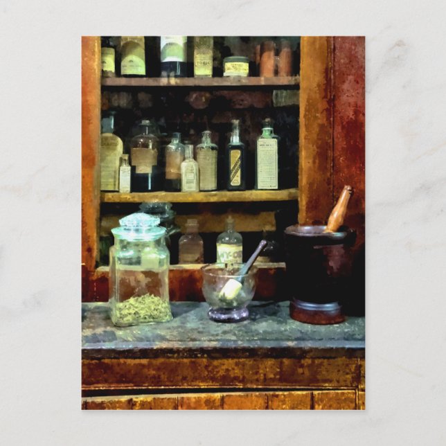 Two Mortar and Pestles and Glass Jar Postcard (Front)