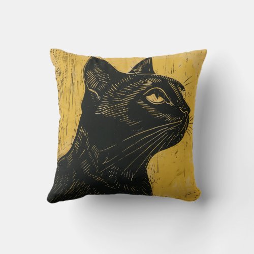 Two_Motif Cat Woodcut Throw Pillow