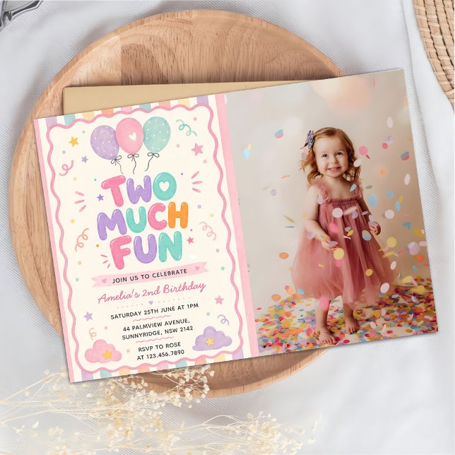 Two Much Fun  Balloon 2nd Birthday Photto Invitation (Creator Uploaded)