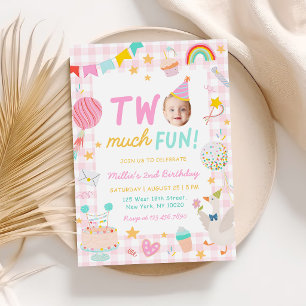 Two much Fun Colorful Photo Girl 2nd Birthday Invitation