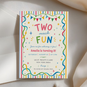Two much Fun Colorful Striped 2nd Birthday Invitation