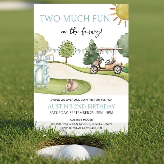 Two Much Fun Golf theme 2nd Birthday Par-tee Invitation (Two Much Fun on the Fairway - golf themed 2nd birthday party invitation)