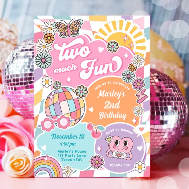 Two Much Fun Groovy Retro Preppy Varsity Birthday Invitation (Creator Uploaded)