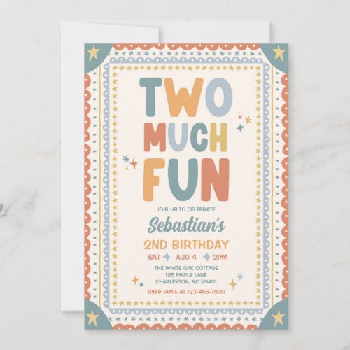 Two Much Fun Whimsical Boy Second Birthday Party Invitation