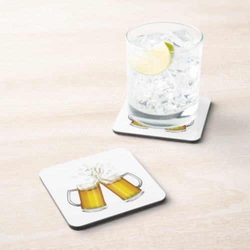 Two mugs with a light beer beverage coaster