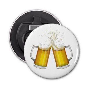 Two mugs with a light beer. bottle opener