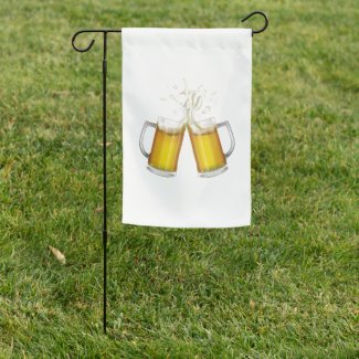 Two mugs with a light beer. garden flag