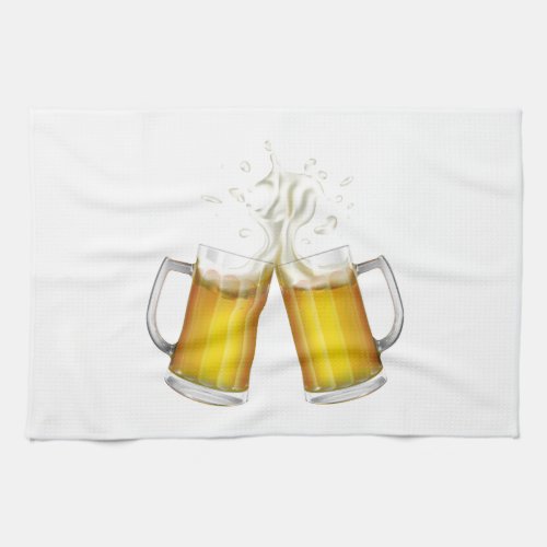 Two mugs with a light beer kitchen towel