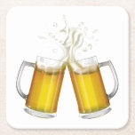 Two mugs with a light beer. square paper coaster<br><div class="desc">Two Mugs of Beer clink at a toast with a splash of beer foam.</div>
