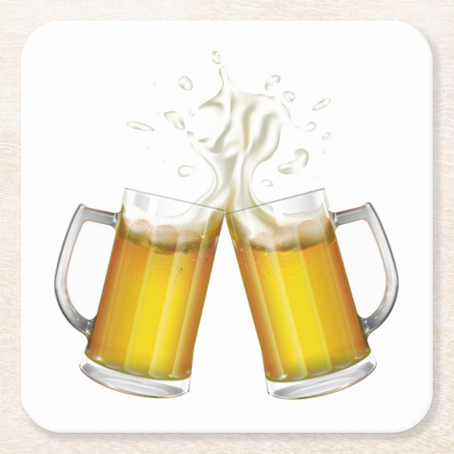 Two mugs with a light beer. square paper coaster (Front)