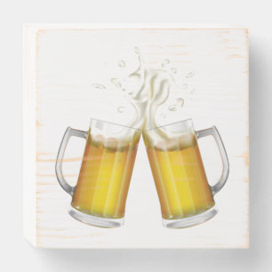 Two mugs with a light beer. wooden box sign