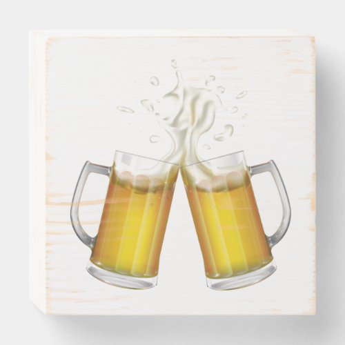 Two mugs with a light beer wooden box sign